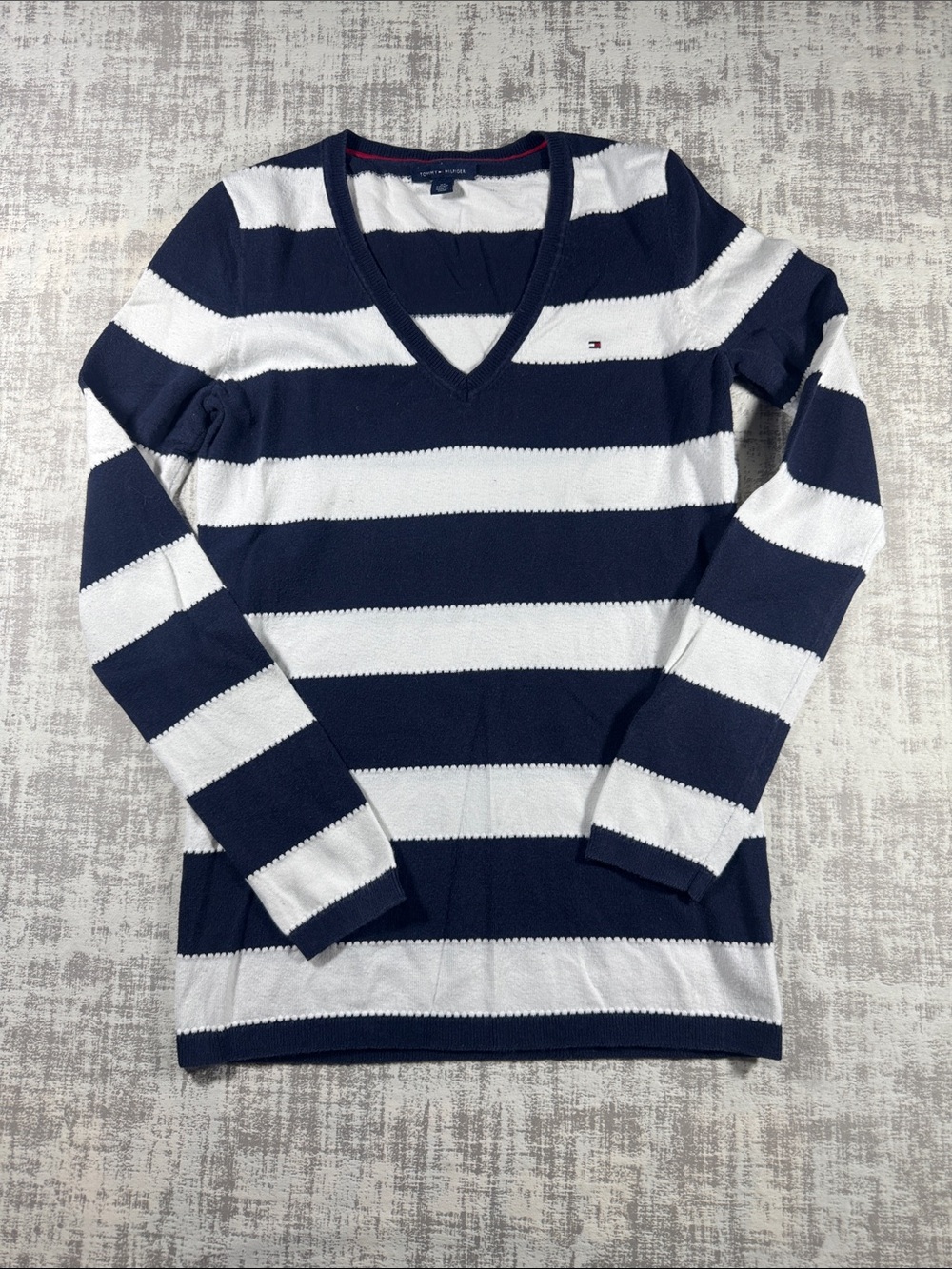 Tommy Hilfiger Navy & White Striped V-Neck Sweater size XS 25X15PTP